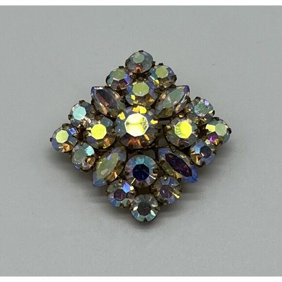 Vintage Made In Austria AB Rhinestone 1” Square Pin Brooch Gold Back - Picture 1 of 6